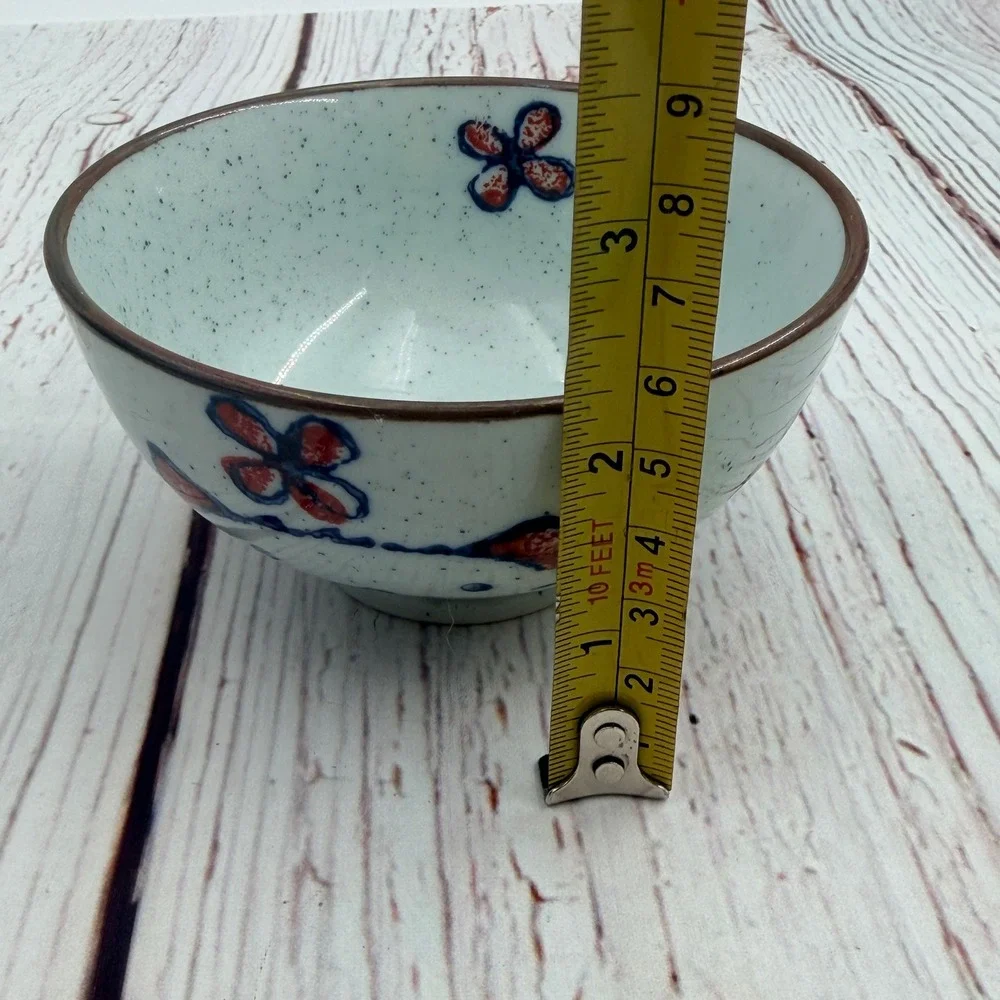 Japanese Iga-yaki Ceramic Cat Rice Bowl‎ Hand Painted Speckled Blue Orange 4.5